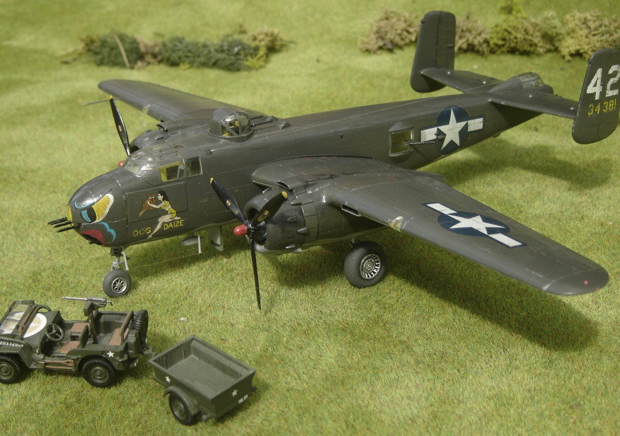 North American B-25H Mitchell 'Dog Daize' of the 82nd BS, 12th BG, December 1943, in 1/72nd scale. Kit is by Hasegawa. With Airfix 1/76 Jeep.